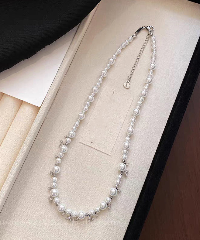Elegant White Alloy Zircon Pearl Beading Gratuated Bead Necklace
