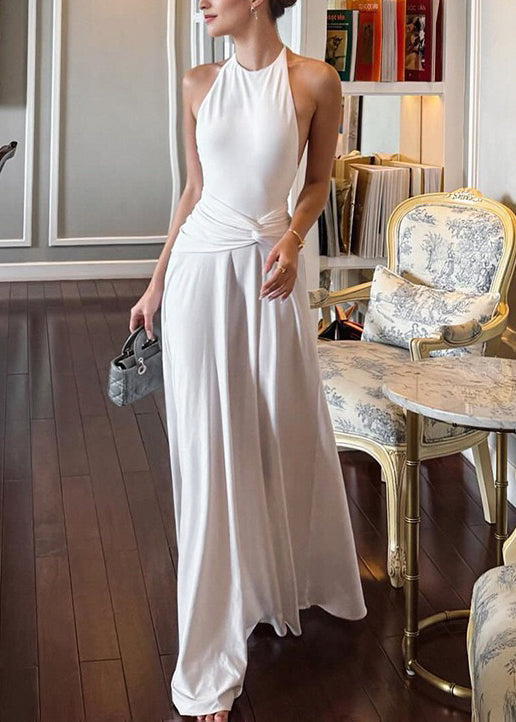 Elegant White Backless Lace Up Patchwork Cotton Dress Summer