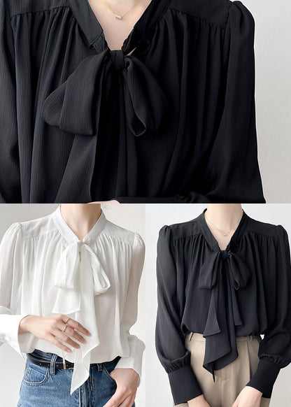 Elegant White Bow Draping Chiffon Tops Spring