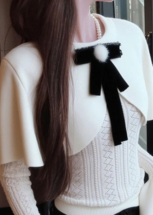 Elegant White Bow False Two Pieces Knit Cape Sweaters Winter