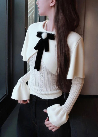 Elegant White Bow False Two Pieces Knit Cape Sweaters Winter