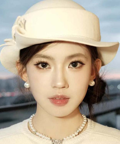 Elegant White Bow Nail Bead Woolen Bucket Hat