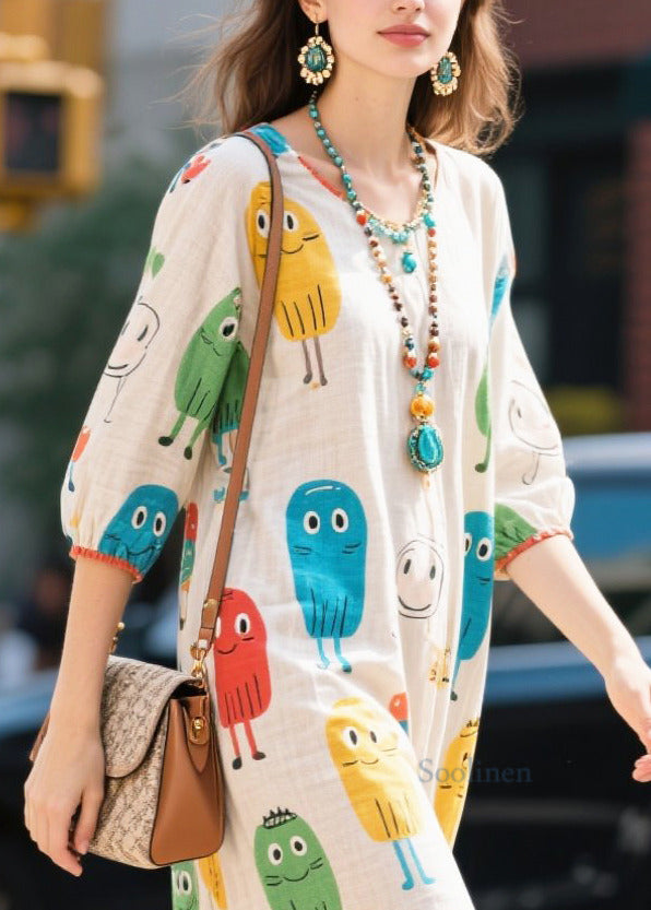 Elegant White Character Print Cotton Dress Half Sleeve
