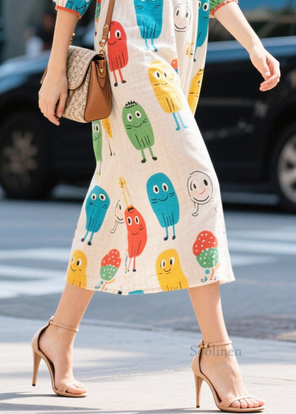 Elegant White Character Print Cotton Dress Half Sleeve