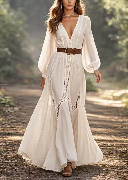 Elegant White Cinched Hollow Out Party Dress Spring