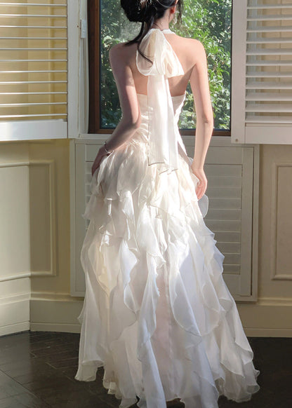 Elegant White Cinched Ruffled Tulle Maxi Dress Summer