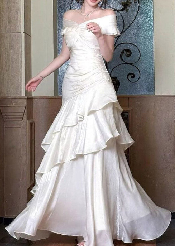 Elegant White Cold Shoulder Asymmetrical Ruffled Long Dress Summer