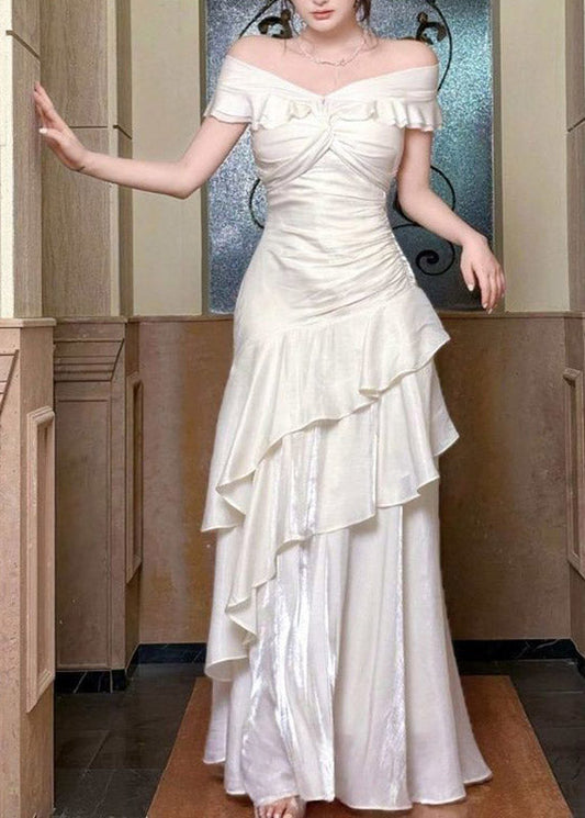 Elegant White Cold Shoulder Asymmetrical Ruffled Long Dress Summer