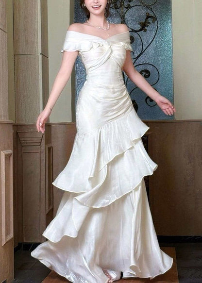 Elegant White Cold Shoulder Asymmetrical Ruffled Long Dress Summer