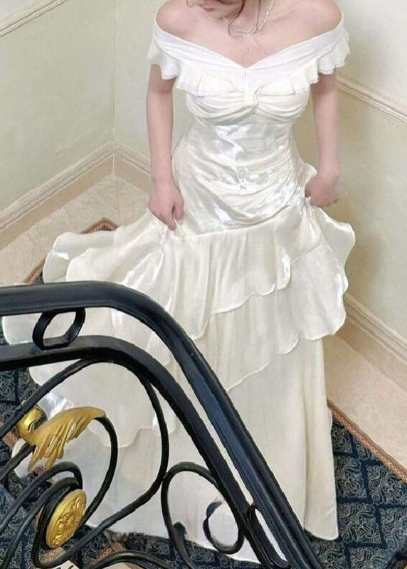 Elegant White Cold Shoulder Asymmetrical Ruffled Long Dress Summer