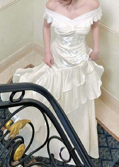 Elegant White Cold Shoulder Asymmetrical Ruffled Long Dress Summer