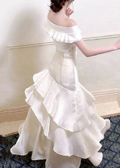 Elegant White Cold Shoulder Asymmetrical Ruffled Long Dress Summer