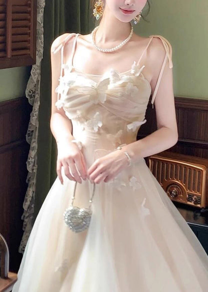 Elegant White Cold Shoulder Butterfly Tulle Maxi Spaghetti Strap Dress Summer