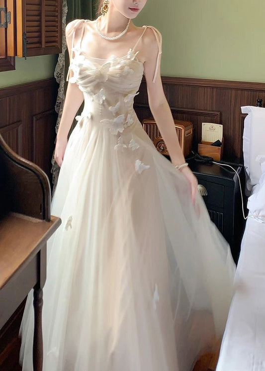 Elegant White Cold Shoulder Butterfly Tulle Maxi Spaghetti Strap Dress Summer