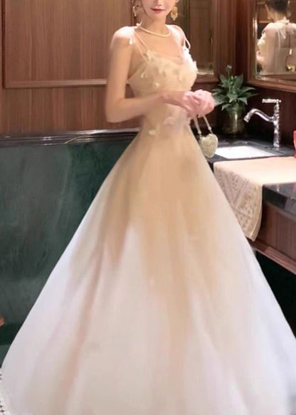 Elegant White Cold Shoulder Butterfly Tulle Maxi Spaghetti Strap Dress Summer