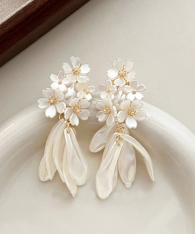 Elegant White Copper Acrylic Pearl Jasmine Tassel Stud Earrings