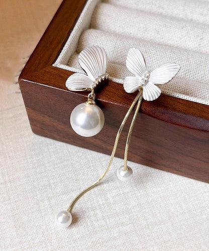 Elegant White Copper Alloy Asymmetry Butterfly Pearl Tassel Drop Earrings