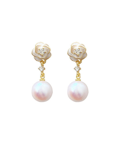 Elegant White Copper Alloy Pearl Camellia Drop Earrings