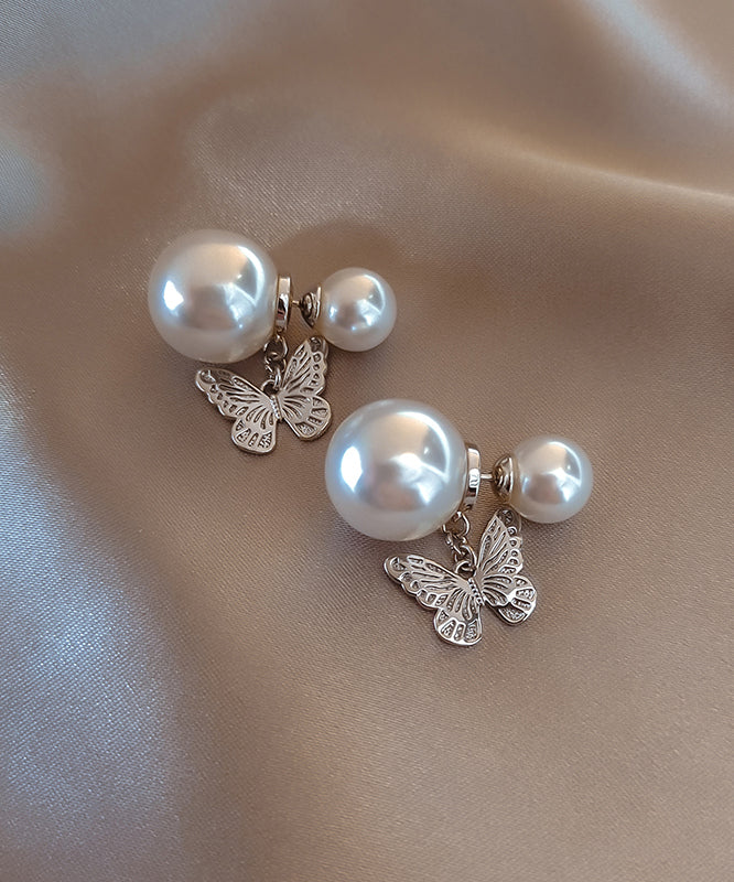 Elegant White Copper Butterfly Pearl Stud Earrings