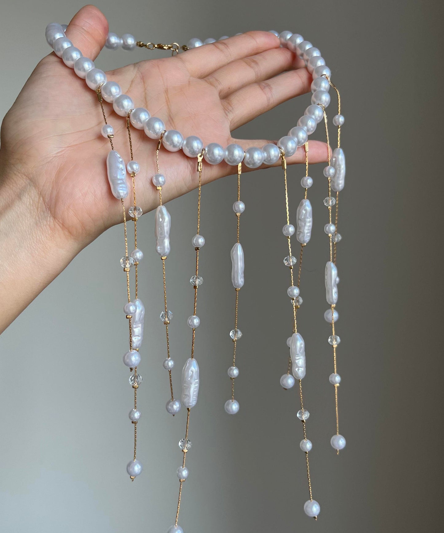 Elegant White Copper Overgild Asymmetrica Pearl Tassel Lariat Necklace
