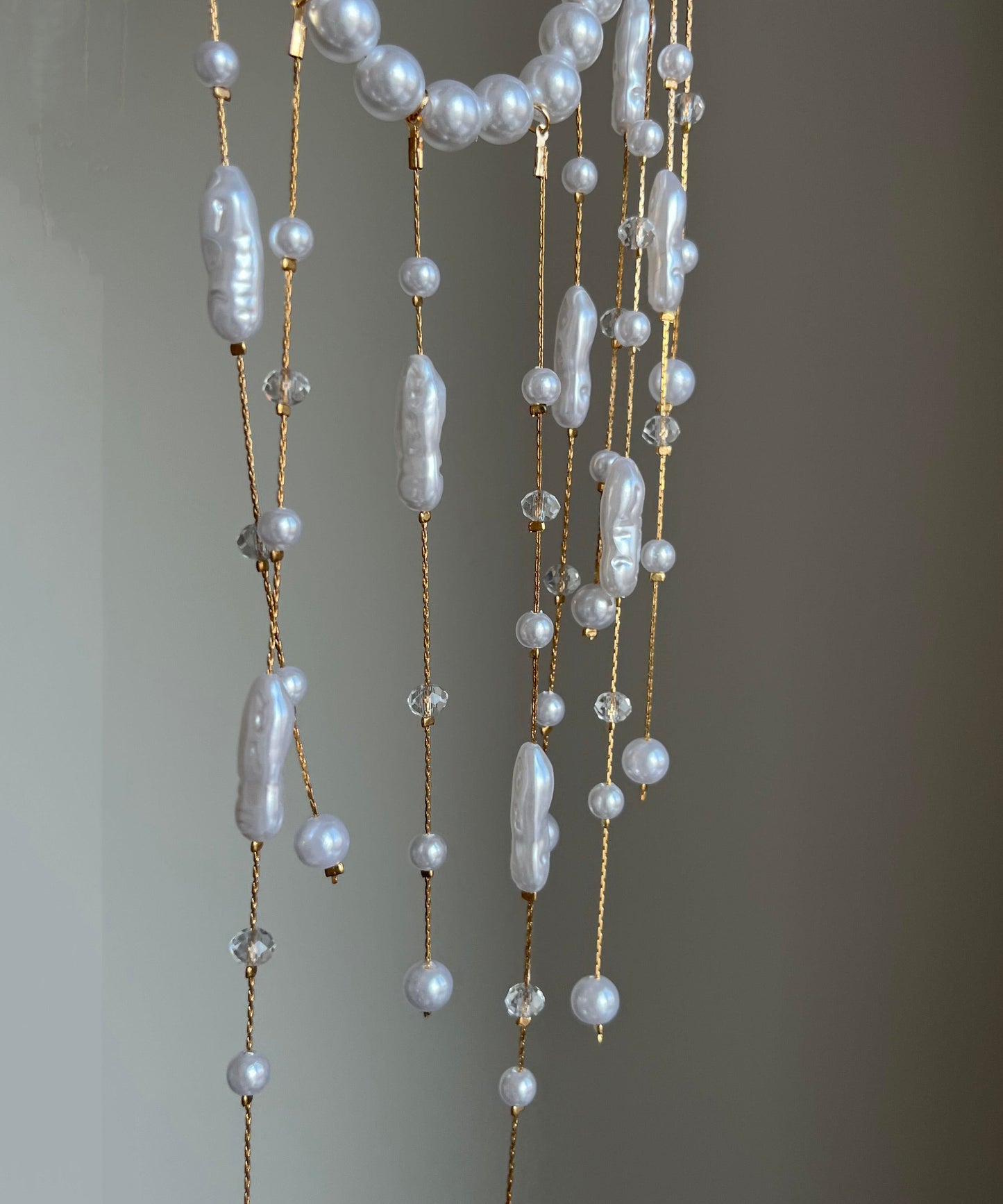 Elegant White Copper Overgild Asymmetrica Pearl Tassel Lariat Necklace