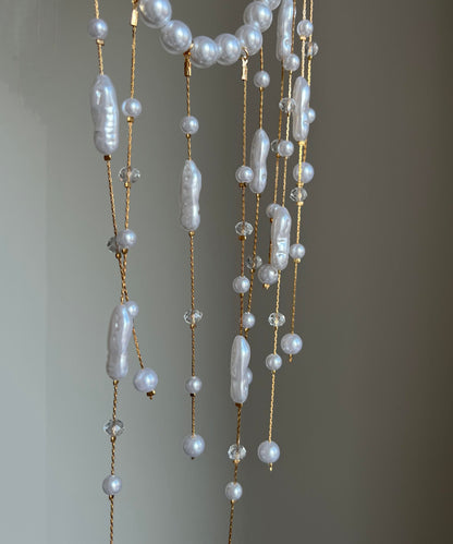 Elegant White Copper Overgild Asymmetrica Pearl Tassel Lariat Necklace