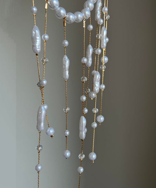 Elegant White Copper Overgild Asymmetrica Pearl Tassel Lariat Necklace