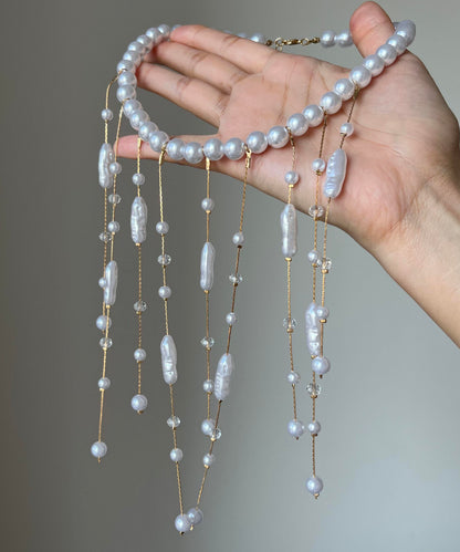 Elegant White Copper Overgild Asymmetrica Pearl Tassel Lariat Necklace