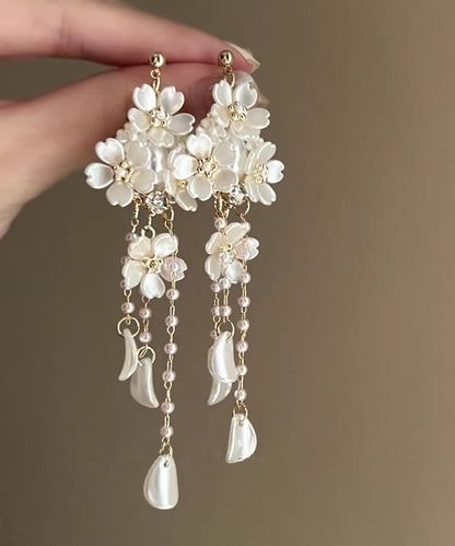 Elegant White Copper Overgild Pearl Floral Tassel Drop Earrings