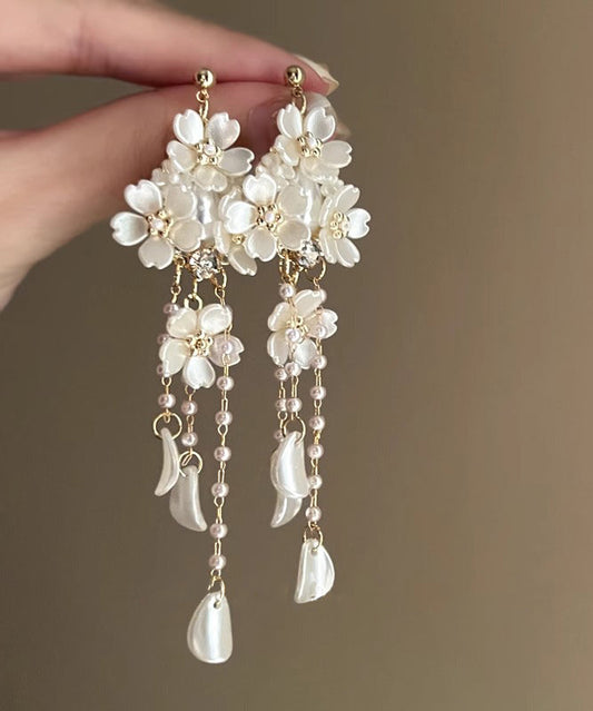 Elegant White Copper Overgild Pearl Floral Tassel Drop Earrings