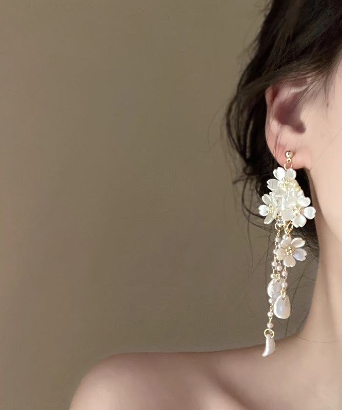 Elegant White Copper Overgild Pearl Floral Tassel Drop Earrings