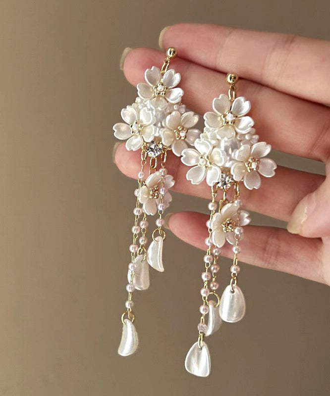 Elegant White Copper Overgild Pearl Floral Tassel Drop Earrings