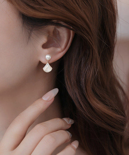 Elegant White Copper Overgild Pearl Shell Fan-Shaped Stud Earrings