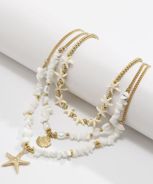 Elegant White Copper Starfish Shell Layered Pendant Necklace