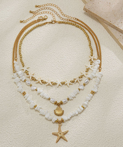 Elegant White Copper Starfish Shell Layered Pendant Necklace