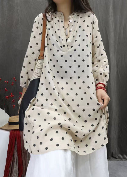Elegant White Dot Button Pockets Cotton Shirts Dress Fall