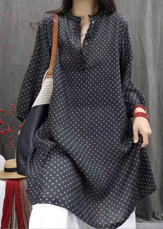 Elegant White Dot Button Pockets Cotton Shirts Dress Fall