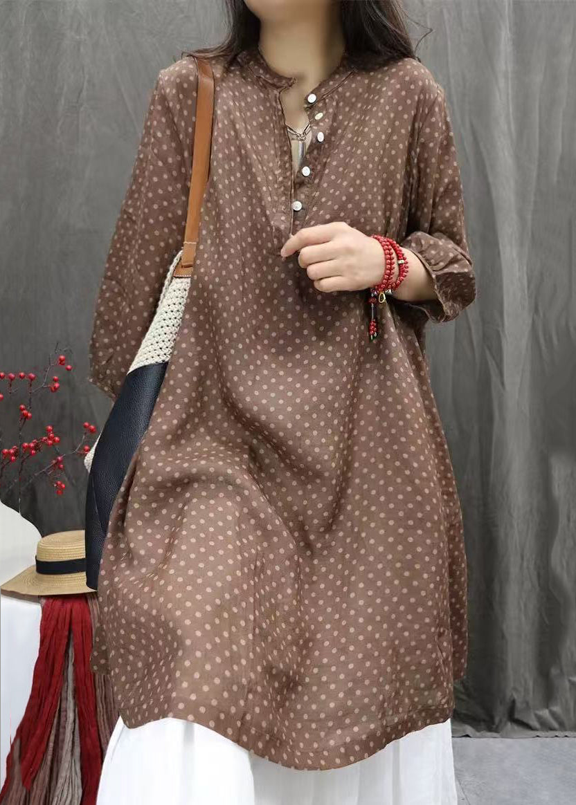 Elegant White Dot Button Pockets Cotton Shirts Dress Fall