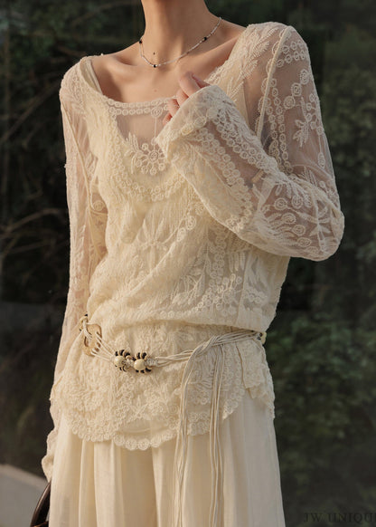 Elegant White Embroidered Hollow Out Tulle Top Summer