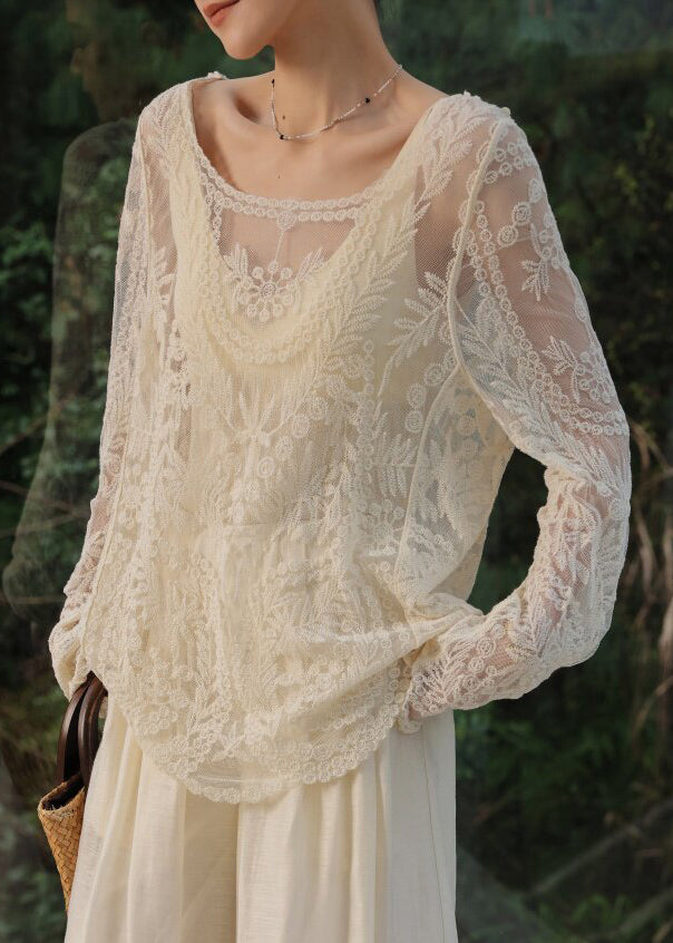 Elegant White Embroidered Hollow Out Tulle Top Summer