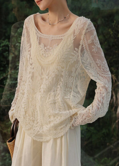 Elegant White Embroidered Hollow Out Tulle Top Summer