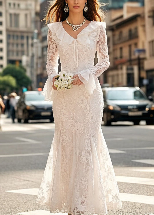 Elegant White Embroidered Lace Up Fish Tail Dress Flare Sleeve