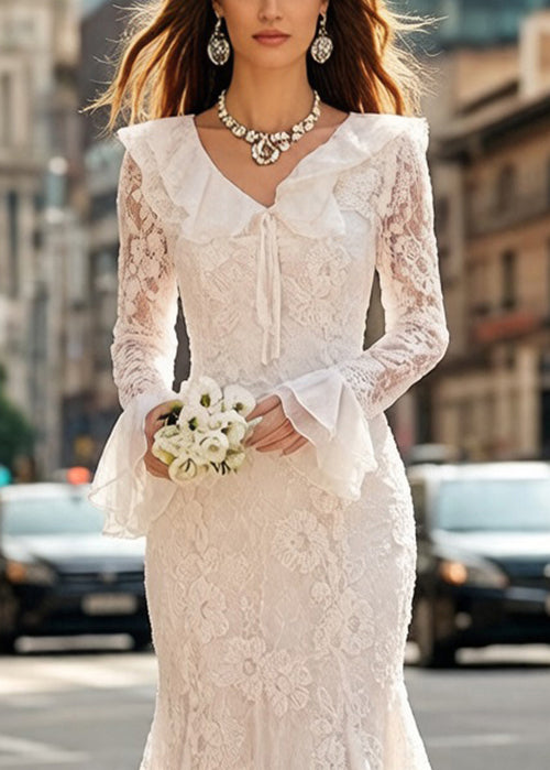 Elegant White Embroidered Lace Up Fish Tail Dress Flare Sleeve