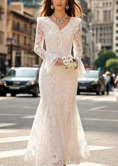 Elegant White Embroidered Lace Up Fish Tail Dress Flare Sleeve