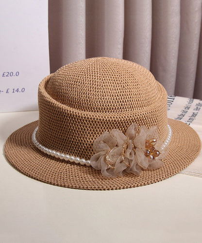 Elegant White Floral Nail Bead Straw Woven Bucket Hat