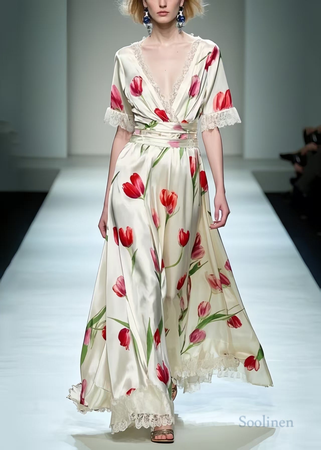 Elegant White Floral Print Patchwork Lace Long Dress Summer