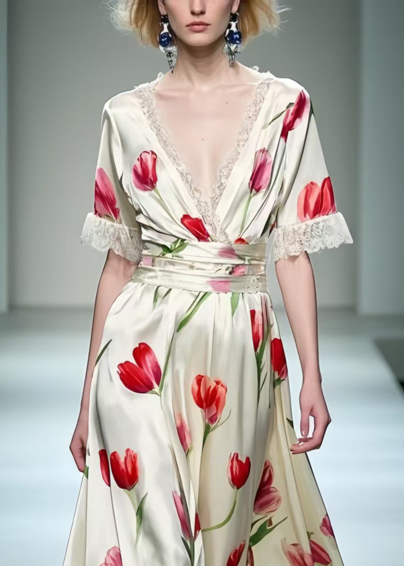 Elegant White Floral Print Patchwork Lace Long Dress Summer