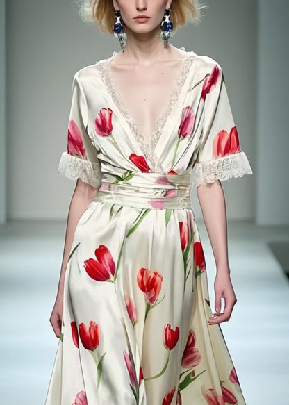 Elegant White Floral Print Patchwork Lace Long Dress Summer