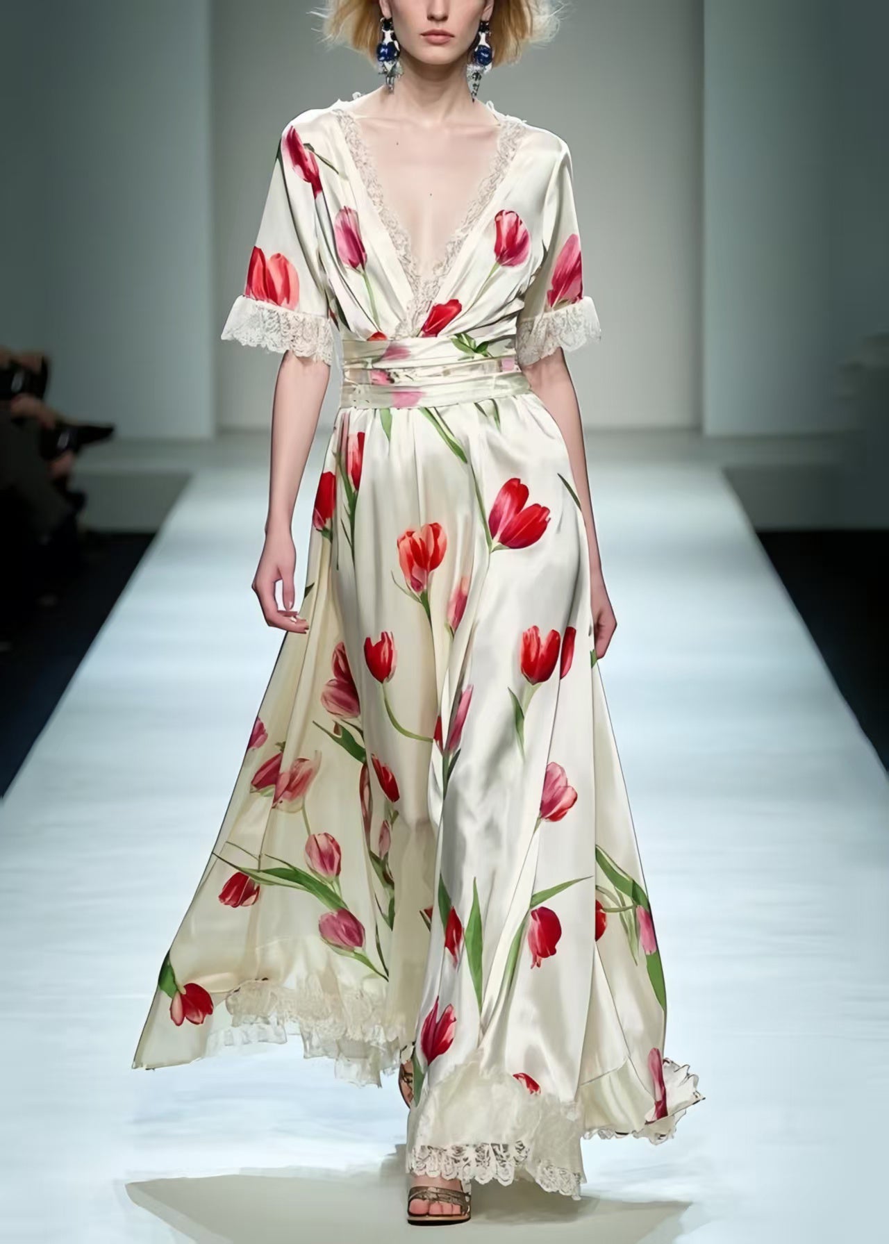 Elegant White Floral Print Patchwork Lace Long Dress Summer