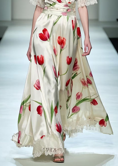 Elegant White Floral Print Patchwork Lace Long Dress Summer